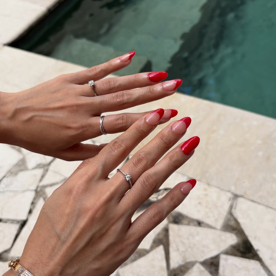 Bold red nail art, concert ready design
